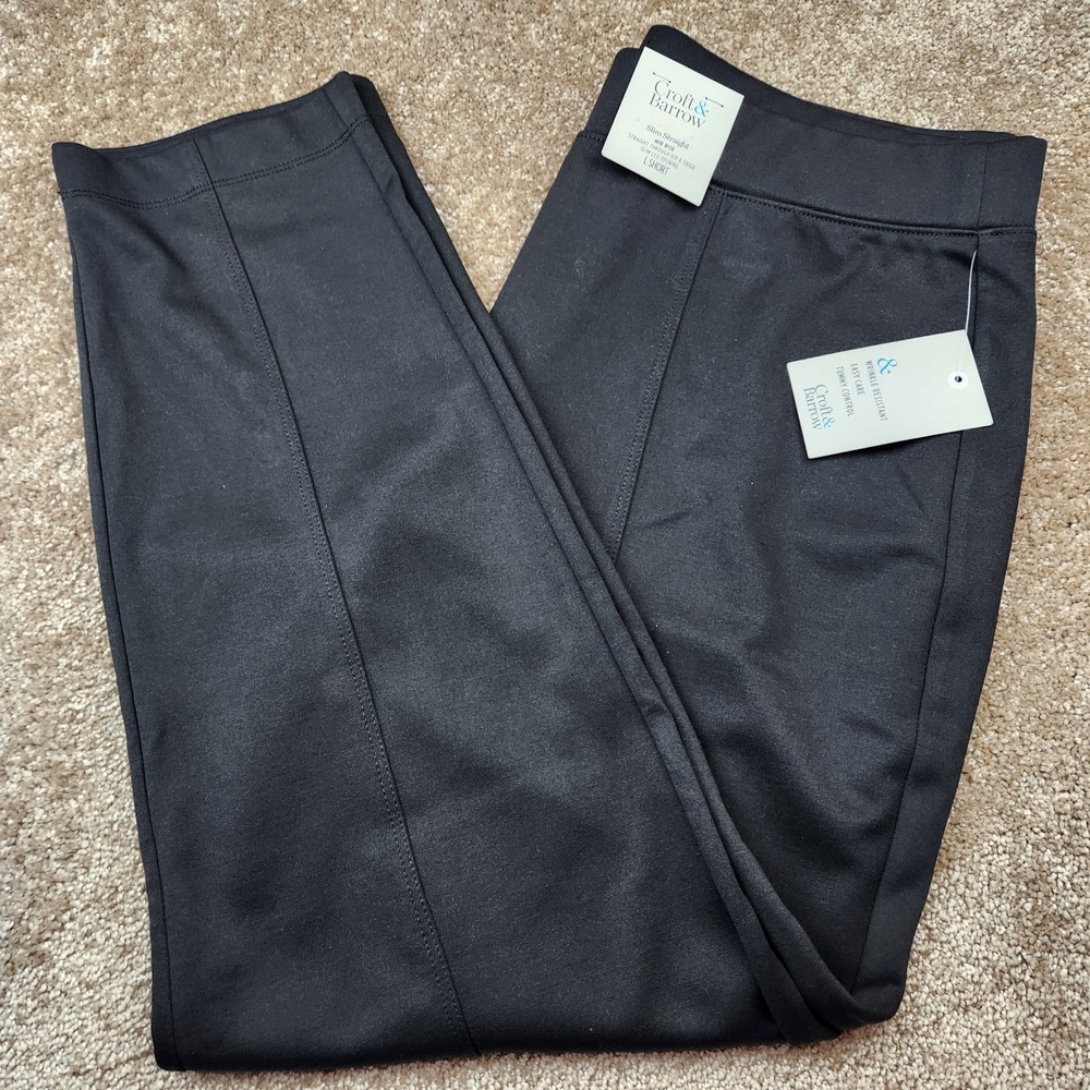 Croft & Barrow Womens Slim Straight Mid Rise Tummy Control Pants Black L Short